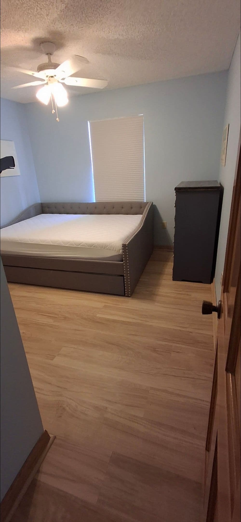 Modern bedroom featuring a gray bed, wooden floor, and light blue walls, with natural light.